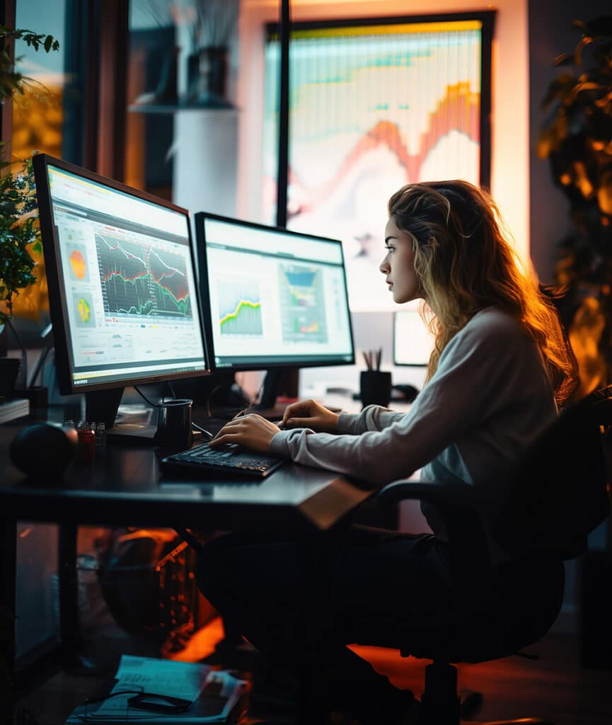 Woman working from home in front of computer monitors.